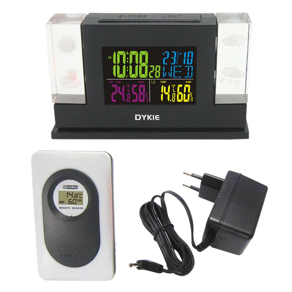 

DYKIE Wireless 433Hz RCC DCF Weather Station Indoor Outdoor Hygro-thermometer Digital Clock Remote Transmitter Power Adapter
