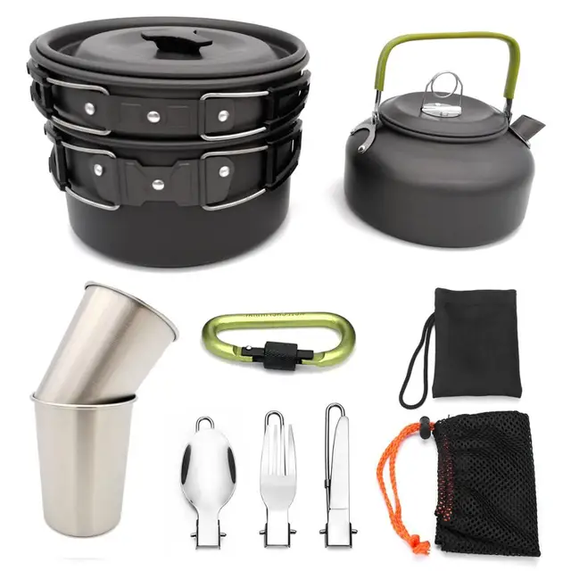 US $20.16 Camping Equipment Outdoor Cookware Set Cooking Carabiner Travel Tableware Cutlery Utensils Hiking P