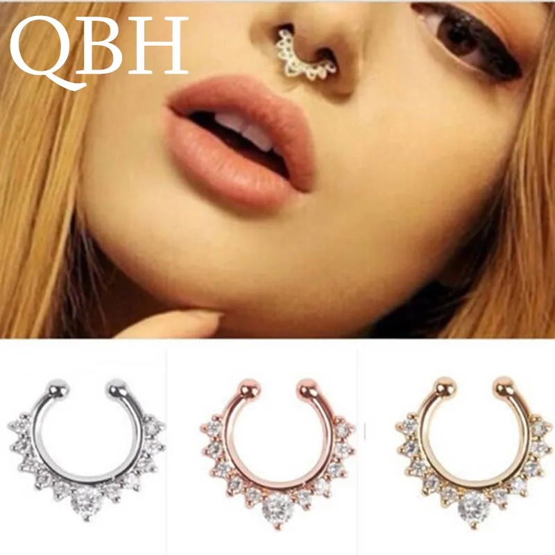 

EK165 New Crystal Clicker Fake Septum For Women Clip Hoop Nose Ring Faux Piercing Gold Silver Plated Men Girl Gift Body Jewelry