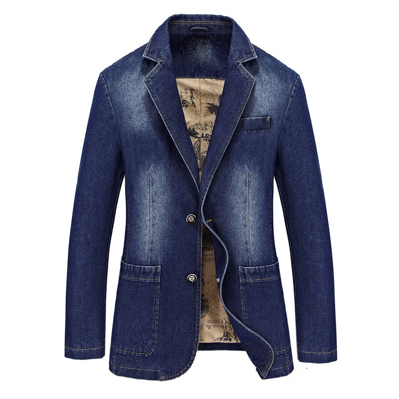 M-4XL мужской повседневный университетский Джинсовый блейзер, хлопковая куртка, Мужская Осенняя зимняя Модная брендовая ветровка, деловая теплая Джинсовая длинная куртка - Цвет: Синий