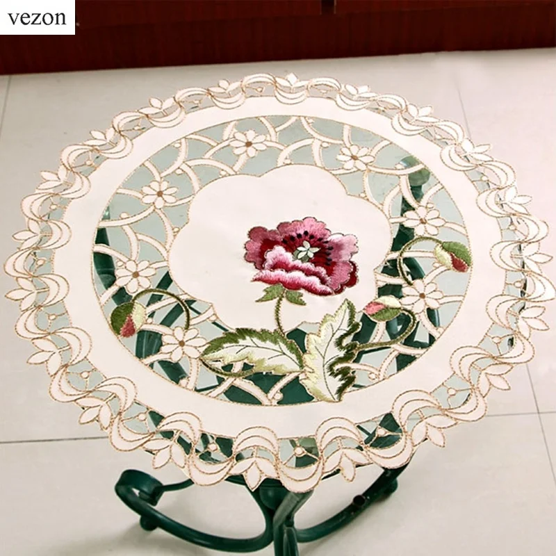 

vezon New Hot Round Elegant Polyester Floral Doily Embroidery Placemat Tablecloth Embroidered Napkin Tissue Box Covers