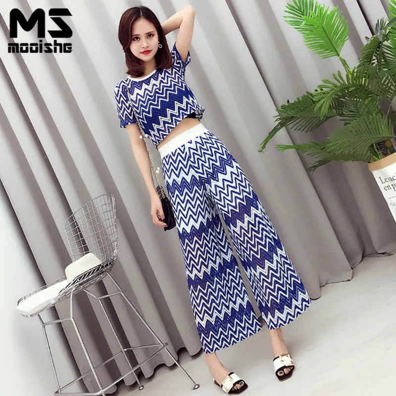 Mooishe Verão Rendas Cortadas Mulheres Dois Set Pedaço da Calça Ajuste Relaxado colheita Top + Calças Perna Larga Cintura Alta Onda Rendas Conjunto terno