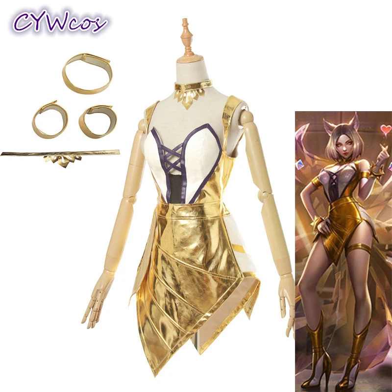 Горячая LOL KDA Ahri Косплей золотой косплей костюм K/DA женская сексуальная униформа костюмы на Хэллоуин|Игровые