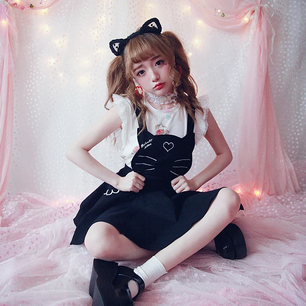 

Princess sweet lolita skirt BOBON21 sauce three sisters adorable cat meow cat embroidery strap skirt B1364