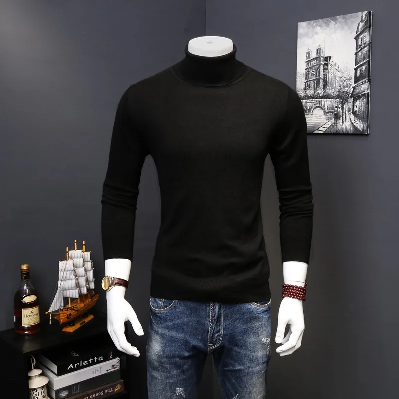 Шерстяной пуловер и свитер для мужчин, брендовый мужской кашемировый свитер, зимний свитер с высоким воротом, повседневный вязаный свитер с длинным рукавом - Цвет: Черный