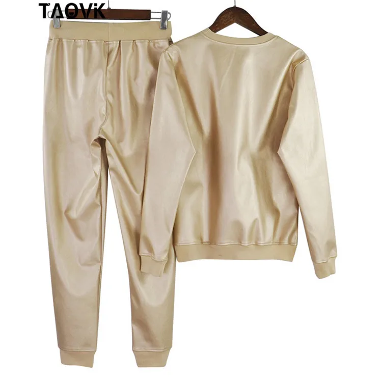 Женские костюмы из искусственной кожи TAOVK, блестящие спортивные костюмы серебристого и золотого цвета, топы с О-образным вырезом и длинные брюки, комплекты из 2 предметов для весны и осени