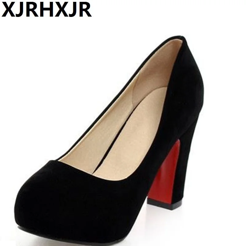 

XJRHXJR Sexy Fall Ladies Suede Leather High Heels Slip on Solid Pumps Women Simple Round toe Party Thick Heels Dress Pump Shoes