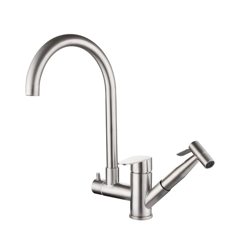 

Stainless Steel Deck Mounted Kitchen Tap Faucets With Dual Handle & Single Hole Pull Out Spout Kitchen Faucets Mixer Hot & Cold