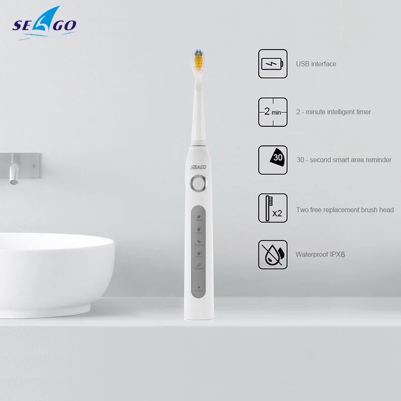 

SEAGO SG507 Rechargeable Electric Toothbrush USB Charging Sonic Tooth Brush Waterproof Tooth Cleaner with 3pcs Replacement Head