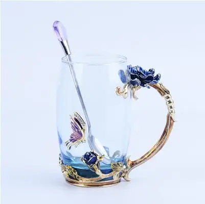 Роскошная роза эмаль цвет Кристалл Стекло чайная чашка тепло сок стекло костюмы для пар стакан двенадцать стиль покрытие технология выбор чашки - Цвет: high blue rose
