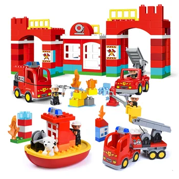 

City Fire Station Fire Boat Firemen Big Particles Building Blocks Compatible Duploed Bricks Educational Toys Gifts For Children