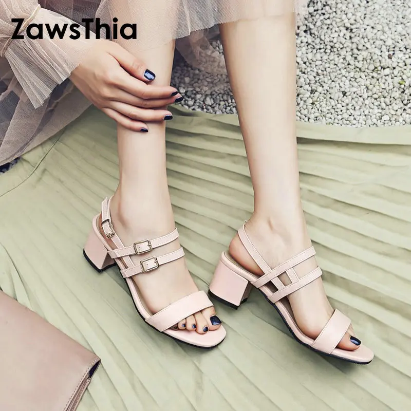

ZawsThia 2019 summer ladies open toe chunky square high heels sandals women ankle wrap buckle yellow woman sandals big size 43