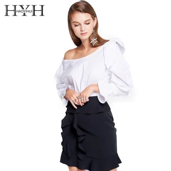 

HYH HAOYIHUI Slash Neck Women Sexy Sweet White Shirts Flare Sleeve Off Shoulder Ruffles Lace Up Female Elegant Blouses Lady