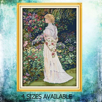 

JoySunday cross stitch Floral aromas full dress cloth blond hair flower garden DMC14CT11CT cotton needlework livingroom painting