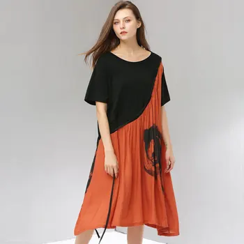 

Summer styleCotton loose long Dress elegant Graffiti print contrast color comfortable maxi dress female longos vestido plus size