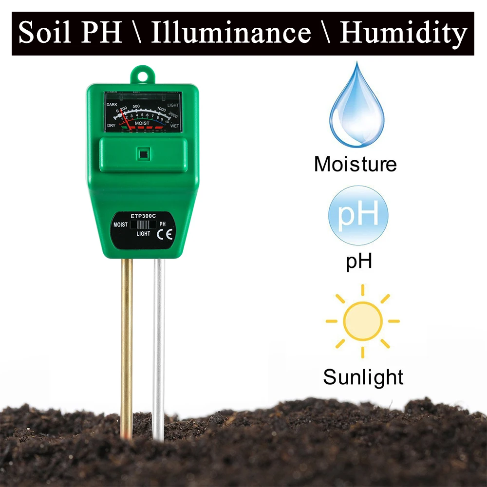 

3 in 1 Soil Tester Instant Moisture Meter Light and PH Meter Plant Tester (No Battery needed)