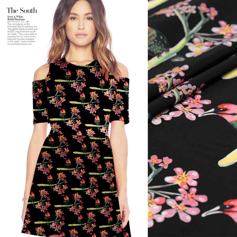 

140cm wide 16mm silk double crepe fabric 100% silk custom Bird and flower spring and summer digital inkjet silk fabric soft high