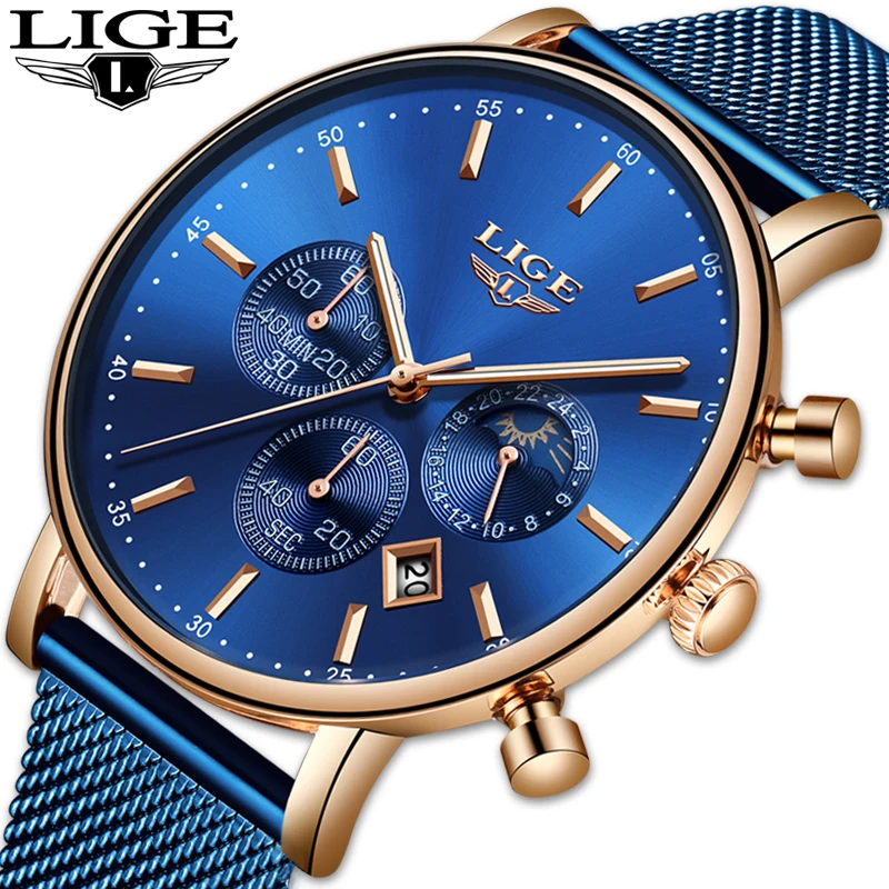 LIGE New Mens Watches Top Brand Luxury Fashion Ultra Thin Blue Strap Quartz Watch Men Moon Phase Clock Calendar Waterproof Watch
LIGE New Mens Watches Top Brand Luxury Fashion Ultra Thin Blue Strap Quartz Watch Men Moon Phase Clock Calendar Waterproof Watch