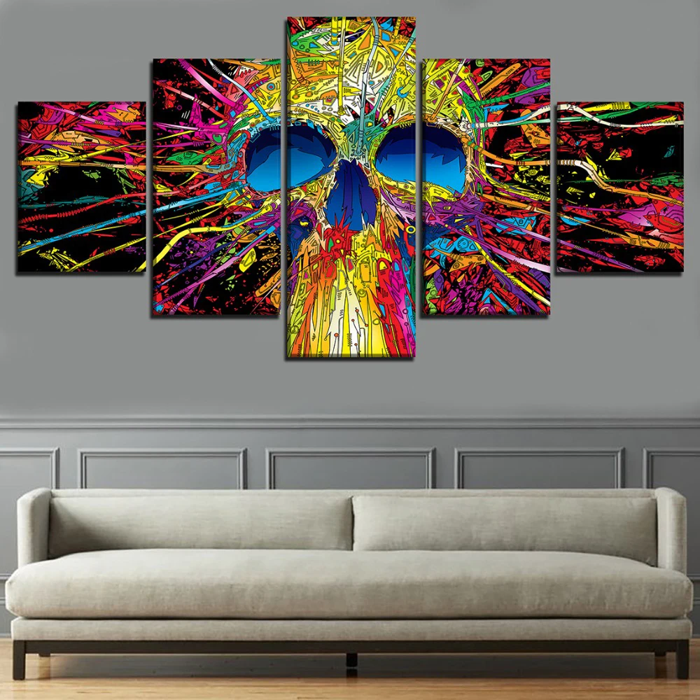 

Framework Canvas Painting Wall Art 5 Piece Abstract Colour Skull HD Print Artistic Poster Living Room Cuadros Modular Picture