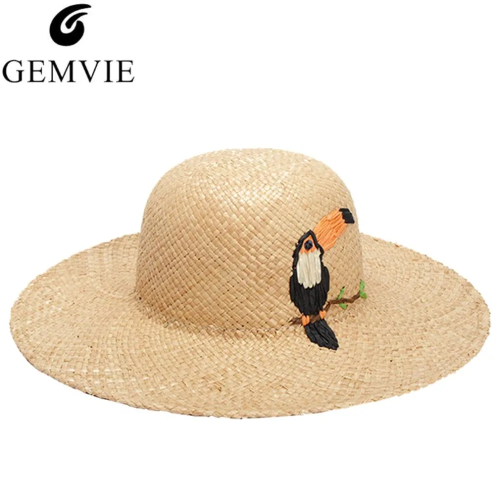 Fashion Lady Raffia Straw Hats Embroidery Crow Animal Pattern Summer