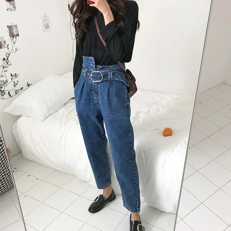 Boyfriend Jeans For Women Fashion Loose Women Jeans With High Waist Personality Asymmetrical Belt Vintage Denim Pants
