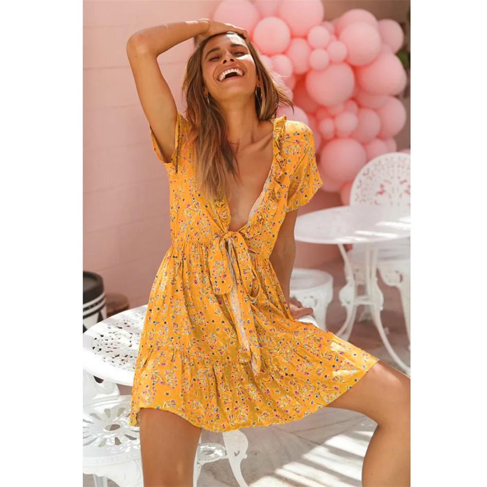 Для женщин Boho цветочное сексуальное летнее вечернее пляжное платье Короткие мини-платье, сарафан UK