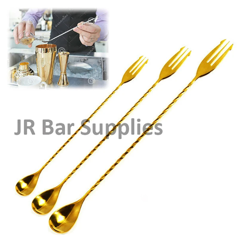 1PCS Stainless Steel Trident Bar Spoon Cocktail Mixing Spoon Bar with Fork Stirring Mixing 30cm/40cm/50cm-Gold Plating