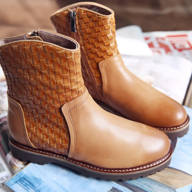 Winter Womens Casual Boots Online Genuine Leather Ankle Boots Fashion Brown Handmade Martin Boots Plaid Pattern