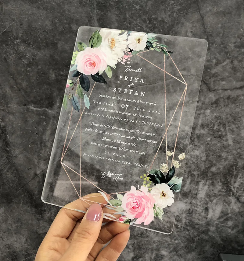  Classic Clear acrylic wedding invitation with beautiful flower design