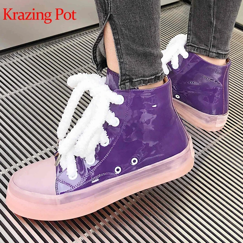 

Krazing Pot cow leather mixed color boots style round toe platform med heels luxury oriental leisure jelly shoe ankle boots L2f1