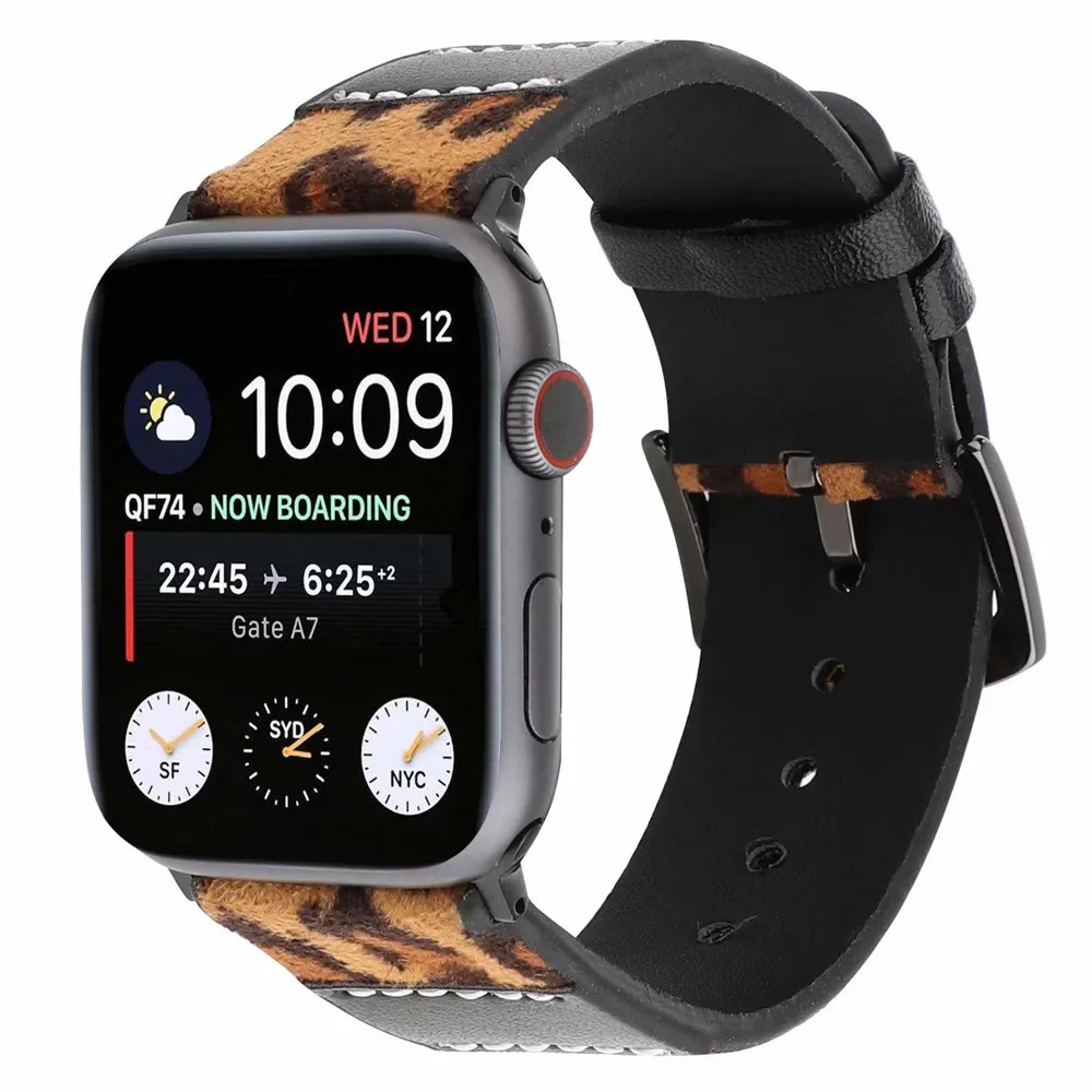 Для наручных часов Apple Watch, версии 5 4 3 2 1 кожаный ремешок браслет, Леопардовый принт для наручных часов iWatch, 40/44/38 мм/42 мм кожаный ремень на запястье аксессуары