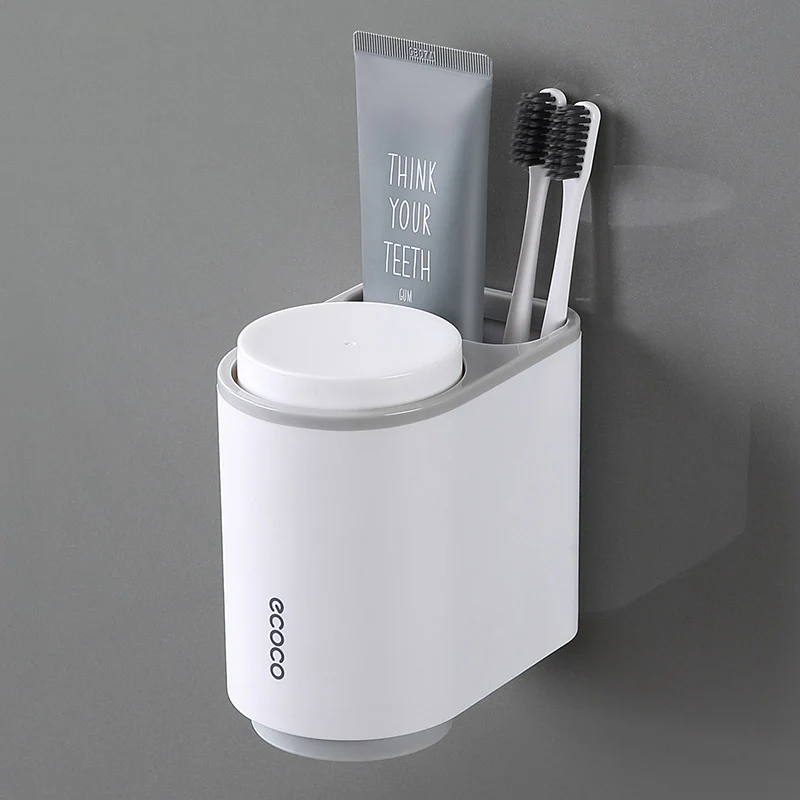 Wall Mount Toothbrush Holder Plastic Magnetic Adsorption Toothpaste Storage Rack Household Bathroom Dust-proof Box Accessories - Color: Gray