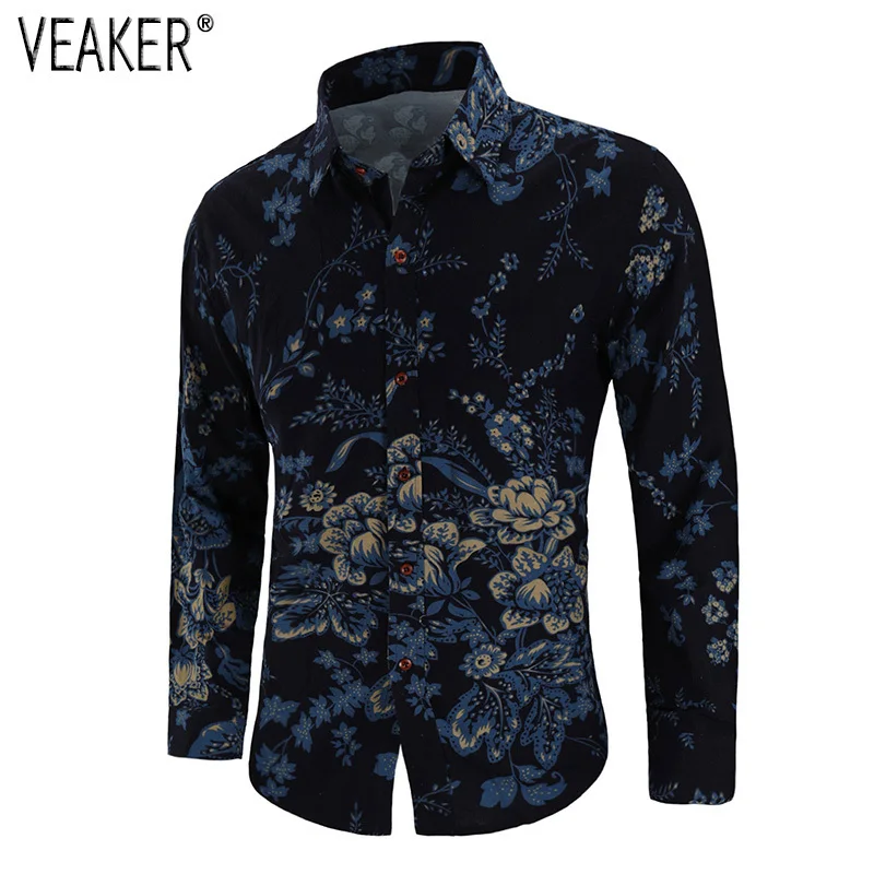 2018 الخريف جديد الرجال الأزهار الكتان قميص الصينية خمر زهرة المطبوعة طويلة الأكمام قميص الذكور يتأهل طباعة القطن الكتان قميص