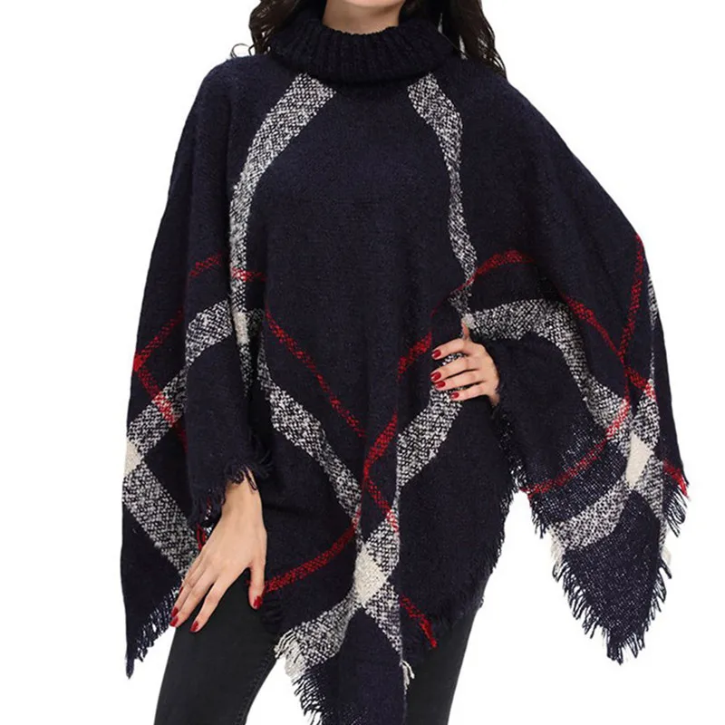 

Knitted Shawl Cloak for Women 2018 Fashion High collar Plaid Warm Sweater Pullover Loose Tassel Female Irregular Casual Top H535