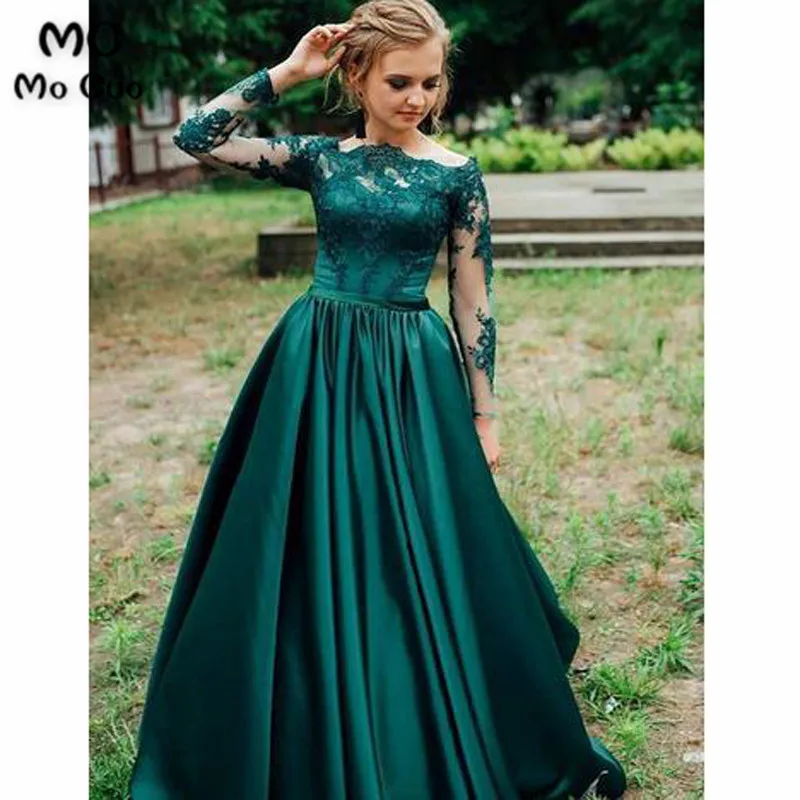 Green Satin Lace Long Prom Dress, Green Evening Dress545