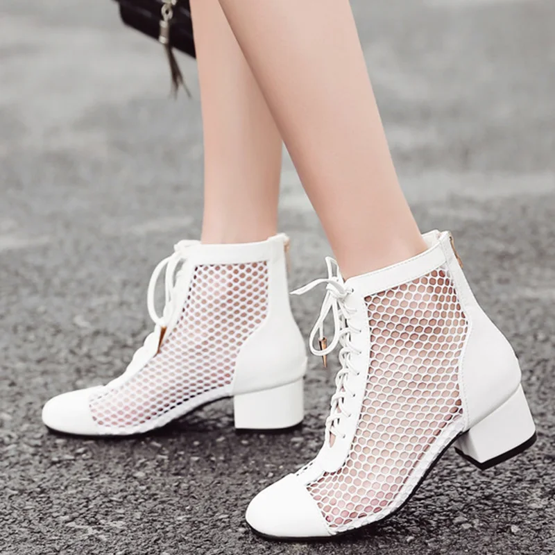 

2019 New Women Spring Fashion Solid Ankle Mesh Boots Lady Autumn Square Toe Med Square Heel Zipper Lace-Up Lady Boots Size 35-39