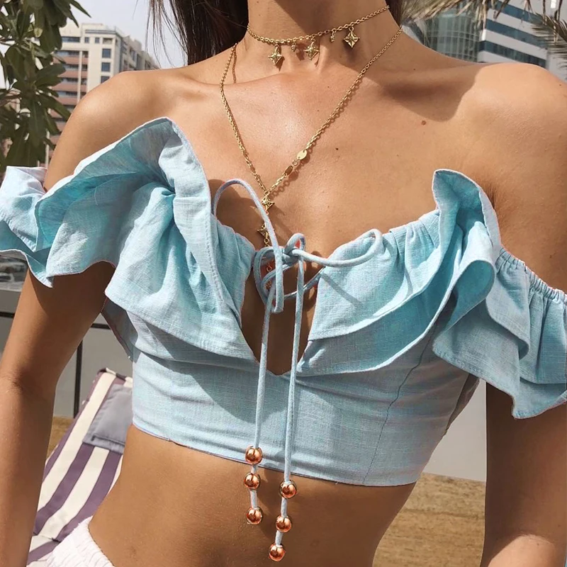 

Melegant Solid Elegant Blue Ruffle Sexy Crop Tops Shirt Beach Summer 2019 Casual Tops Camisole Lace Up Female Camis Top Shirts