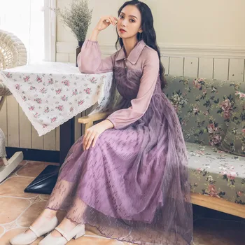

French Romantic Improved Cheongsam Dress Vestidos Holiday Lace Embroidery Fairy Dress Long Sleeve Vintage Retro A Line Dress