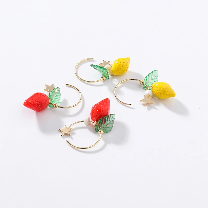 Летние модные серьги-кольца с маленькими звездами лимон, клубника, милая индивидуальность, подарок на день рождения для маленьких девочек