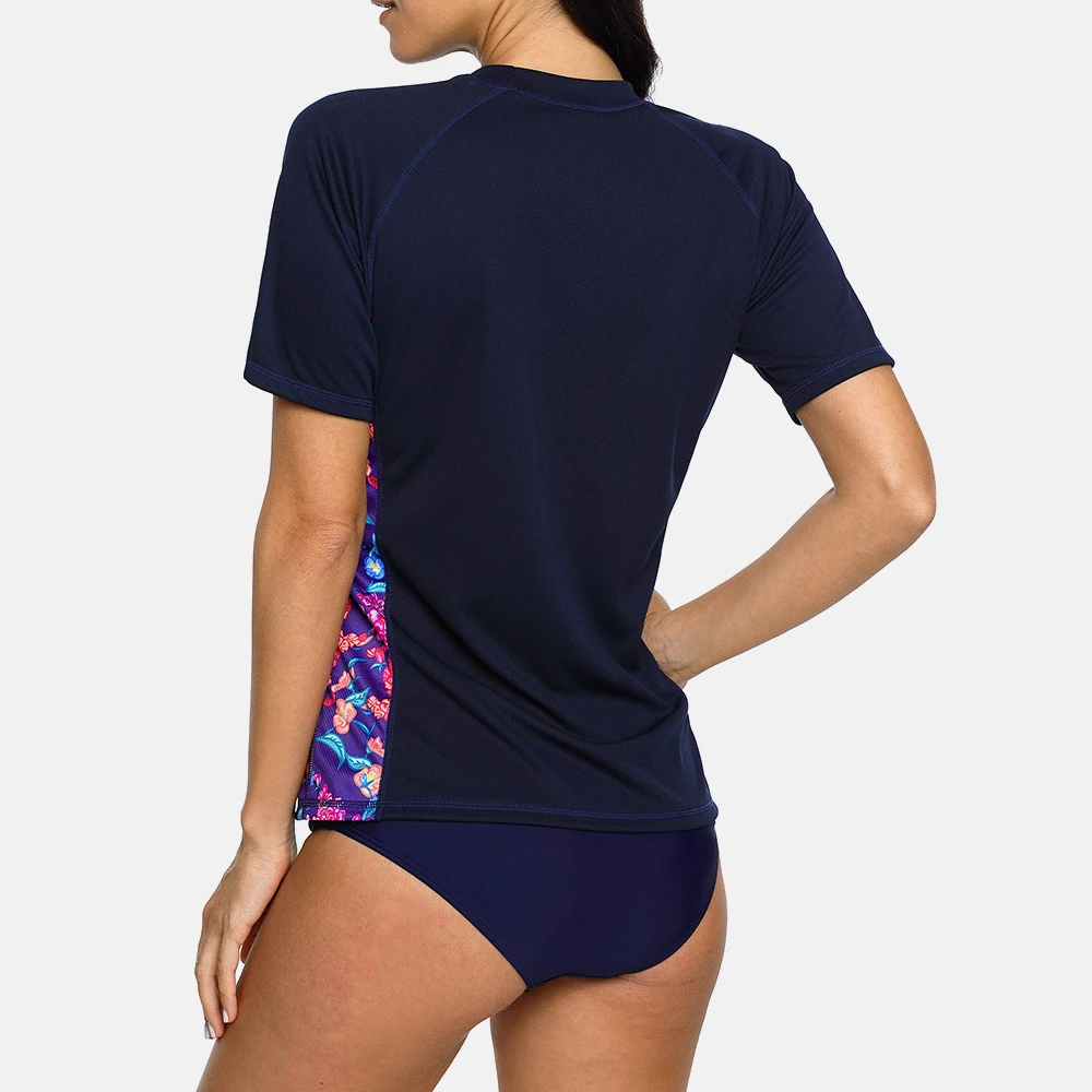Anfilia Ladies Short Sleeve Rashguard Women Quick-drying Shirt Floral Print Rash Guard TUPF 50+ Surfing Top Running Biking Shirt