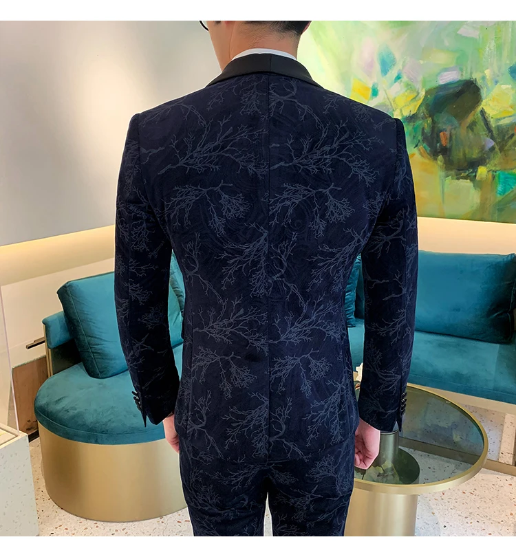 Black Navy Blue Velvet Suit Men Luxury Slim Fit Mens Velour Suits