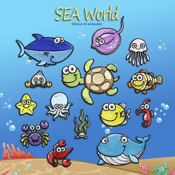 

14pc/lot Sea animals embroidery iron patches for clothing Starfish Embroidered applique parche for clothes hats bags backpack