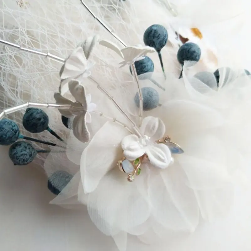 Корейские свадебные вуалетки ручной работы, шляпка, винтажная сетка, искусственный синий бежевый цветок, заколки для волос, реквизит для фотосессии