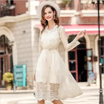 

2018 autumn dress new fashion embroidered women's temperament v-neck A-Line chic ladies mesh dress