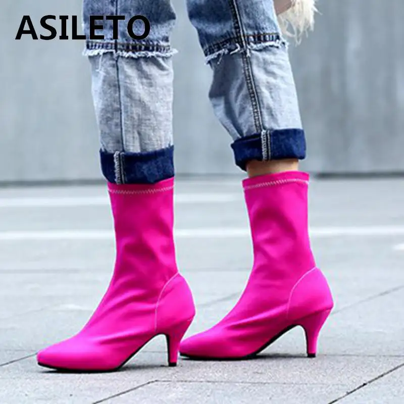 

ASILETO large size 46stretch fabric sock boots Pointed toe high heels slip on ankle boots for women flexible bootie Botas bottes