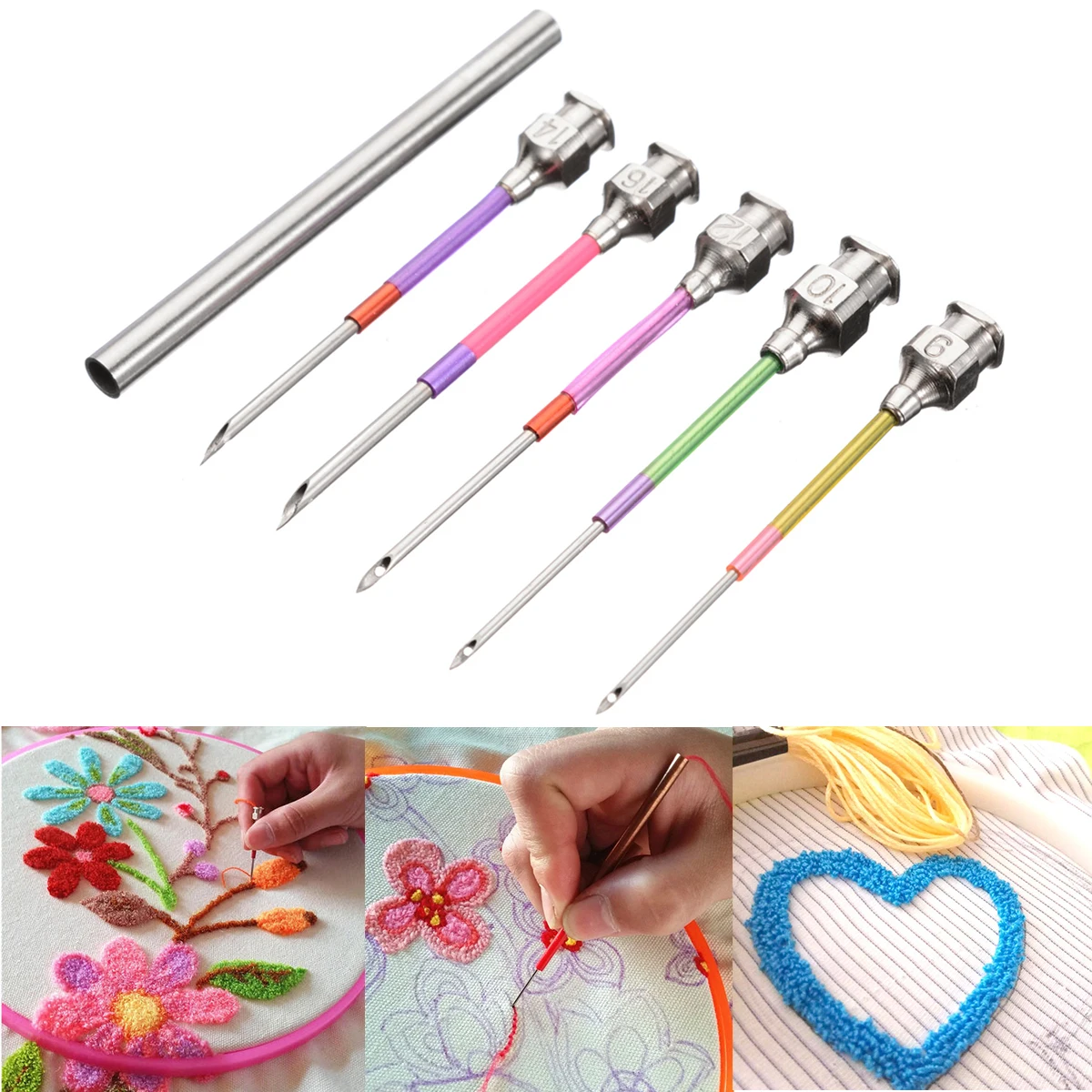 5pcs/set Metal Embroidery Stitching Punch Needle Handmade Embroidery Punch Needle Craft Sewing Tool Set with Tube 9# 10# 12# 16#