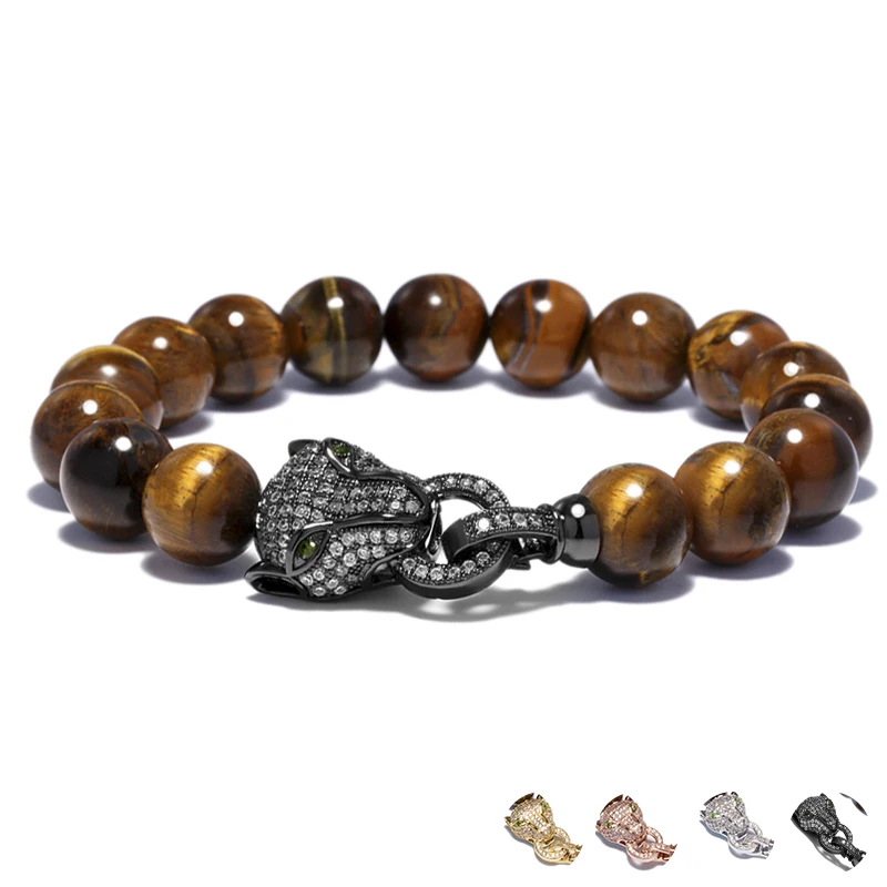 

Trendy Zircon Leopard Rivet Wrap Bracelet Men Jewelry Crystal Animal Head 12MM Large Tiger Eye Beads Men's Bracelets Pulseira