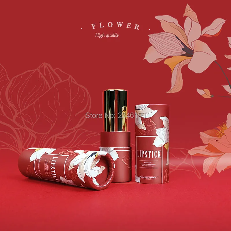 Empty Paper Lipstick Tube 12.1mm Red Flowers Lipbalm Tube Empty Cosmetic Container Red Magnolia Papery Lipstick Container (3)