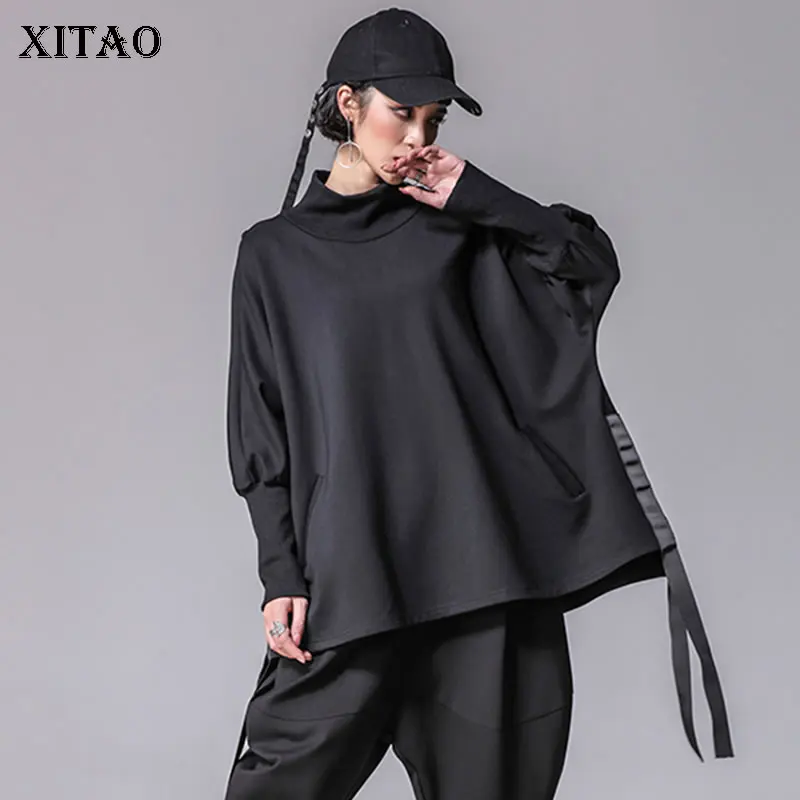 

[XITAO] Casual Spring 2018 New Loose Turtleneck Bandage Europe Women T-Shirts Solid Color Batwing Sleeve Female Tees XWW2955