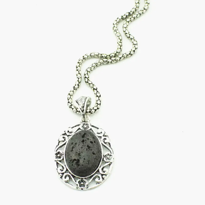 L107 Natural Black Small Oval Hollow Volcano Stone Necklace 1 Piece ...